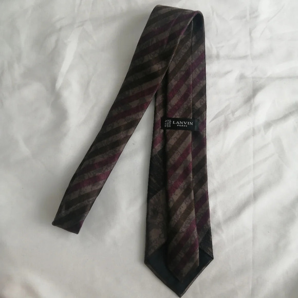 Lanvin Paris 100% Silk Striped Tie in Brown, Tan, Purple, and Black - Picture 6 of 14